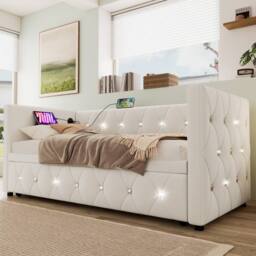 BTM Beige Velvet 3FT Daybed with Trundle & USB/Type-C Charging - thumbnail 4