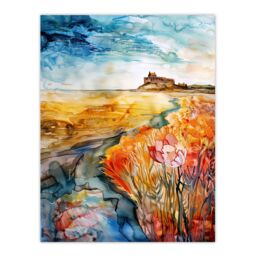 "Artery8 Colourful Watercolour Bamburgh Castle View Floral Wall Art Print in Orange - Size: W12"" x H16""" - thumbnail 1