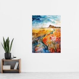 "Artery8 Colourful Watercolour Bamburgh Castle View Floral Wall Art Print in Orange - Size: W12"" x H16""" - thumbnail 4