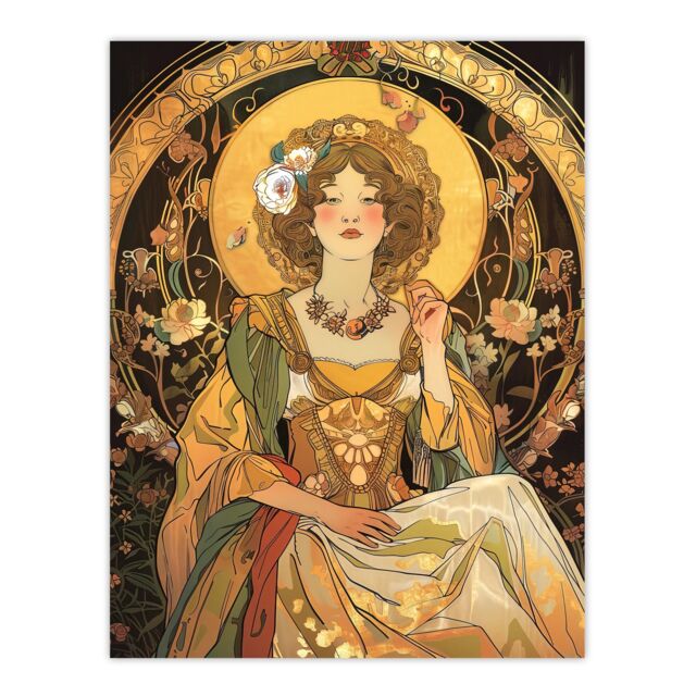 "Artery8 Alphonse Mucha Style Woman Floral Art Nouveau Wall Art Print in Yellow - Size: W18"" x H24""" - image 1