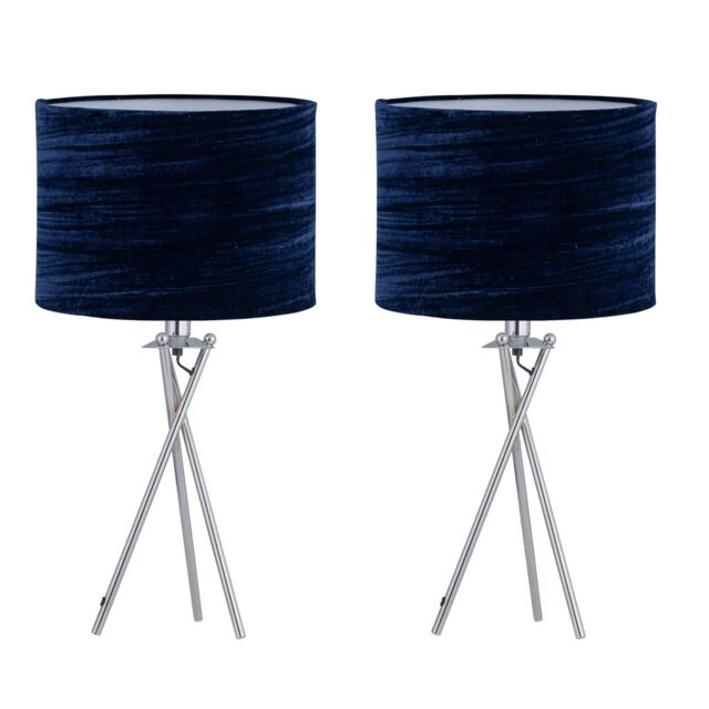 First Choice Lighting Set of 2 Chrome Tripod Table Lamps with Navy Blue Velvet Shades in Silver - image 1
