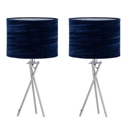 First Choice Lighting Set of 2 Chrome Tripod Table Lamps with Navy Blue Velvet Shades in Silver