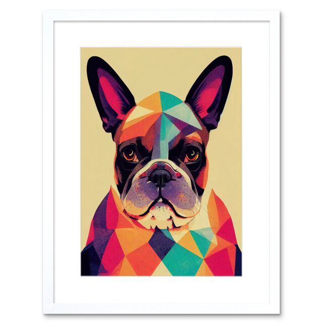 "Artery8 Wall Art Print Vibrant Colourful Geometric French Bulldog Portrait Design Artwork Framed 9X7 Inch in White - Size: W7"" x H9""" - image 1