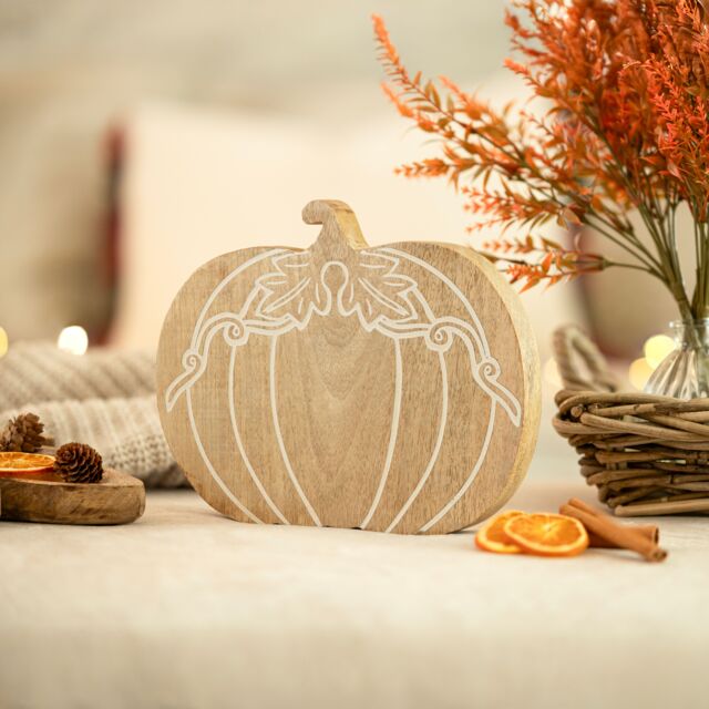 Marco Paul 25cm Wooden Pumpkin Home Décor Free-Standing Autumn Decoration in Beige - image 1