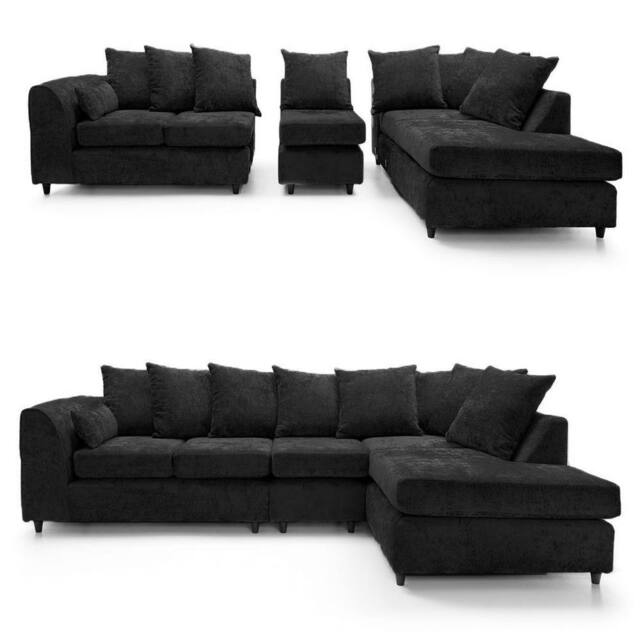 Furnishings For Less UK Monaco Chenille Fabric Large 5 Seater L Shaped Corner Sofa Right Hand Facing in Black - image 1