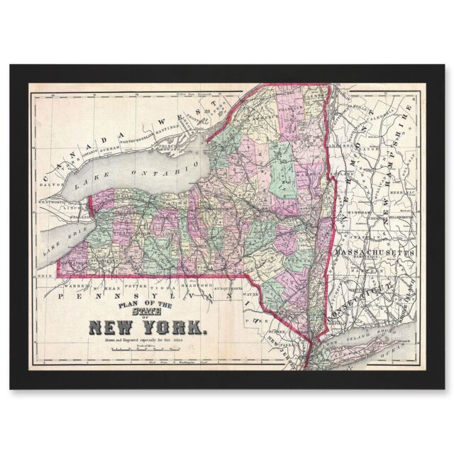 Artery8 1873 Beers Map New York State Long Island Brooklyn Vintage A4 Artwork Framed Wall Art Print in Black - image 1