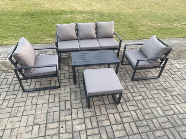 Fimous Aluminium Outdoor Furniture Set 6 Seater Garden Sofa with Oblong Coffee Table Big Footstool 2 Armchairs Dark Grey - image 1