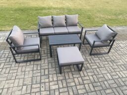 Fimous Aluminium Outdoor Furniture Set 6 Seater Garden Sofa with Oblong Coffee Table Big Footstool 2 Armchairs Dark Grey - thumbnail 1