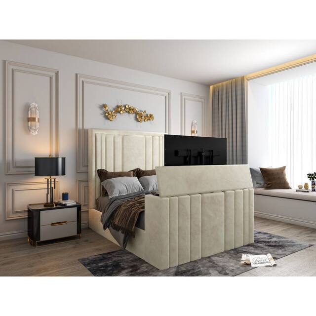 KDMD Atom Upholstered Soft Velvet Cream Tv Bespoke Bed Frame - Size: Single - image 1