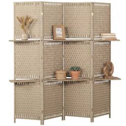 VOGREX Natural 4-Panel Folding Room Divider With Shelves in Beige - thumbnail 3