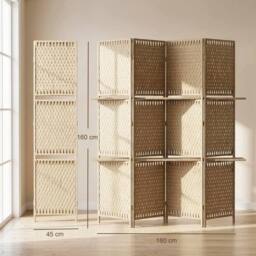 VOGREX Natural 4-Panel Folding Room Divider With Shelves in Beige - thumbnail 2