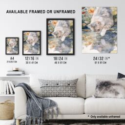 "Artery8 Cat Lover Cute Kitten Pond Lake Watercolour Wall Art Print - Size: W24"" x H32""" - thumbnail 3