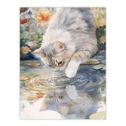 "Artery8 Cat Lover Cute Kitten Pond Lake Watercolour Wall Art Print - Size: W24"" x H32""" - thumbnail 1