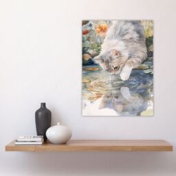 "Artery8 Cat Lover Cute Kitten Pond Lake Watercolour Wall Art Print - Size: W24"" x H32""" - thumbnail 4