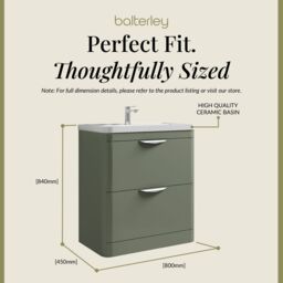 Balterley Contemporary Floor 2 Drawer Bathroom Vanity Unit, Satin Green, 810mm in Green - thumbnail 5