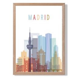 ARTZE Madrid Colourful City Skyline Framed Print SIZE: A2 with Oak Frame in Pale Blue - Size: A4 - thumbnail 1