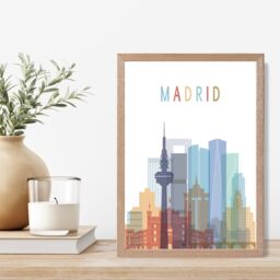 ARTZE Madrid Colourful City Skyline Framed Print SIZE: A2 with Oak Frame in Pale Blue - Size: A4 - thumbnail 2