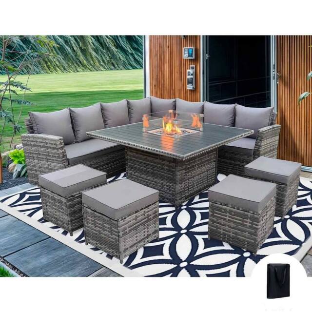 Furniture Maxi Rosen 11 Seater Rattan Garden Furniture Fire Pit Dining Corner Sofa Cube Set in Grey - image 1