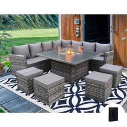 Furniture Maxi Rosen 11 Seater Rattan Garden Furniture Fire Pit Dining Corner Sofa Cube Set in Grey