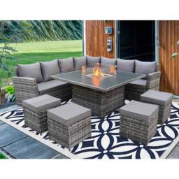 Furniture Maxi Rosen 11 Seater Rattan Garden Furniture Fire Pit Dining Corner Sofa Cube Set in Grey - thumbnail 2