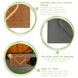 Nicola Spring Coir Door Mat Set - 60 x 40cm - Embossed Heart in Brown - Size: 40 cm x 60 cm - thumbnail 2