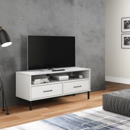 Berkfield Home TV Cabinet with Metal Legs White Solid Wood Pine OSLO