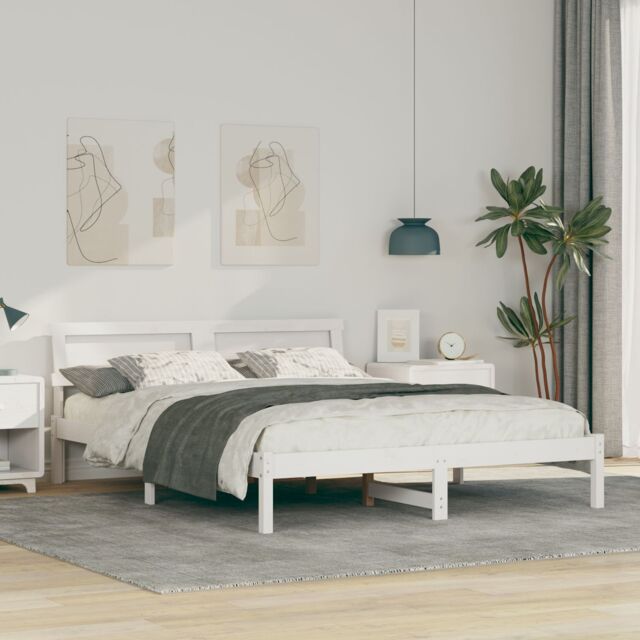 Berkfield Home with LED Strip Lights with Headboard White 160 x 200 cm Pine wood - image 1