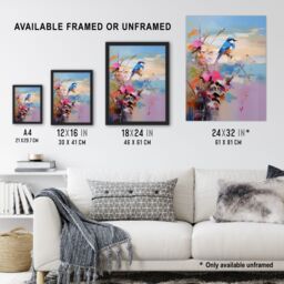 Artery8 Wall Art Print Kingfisher Bird & Flowers Oil Painting Abstract Sandy Beach Artwork Framed in Blue - Size: A4 - thumbnail 3