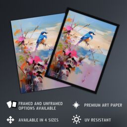 Artery8 Wall Art Print Kingfisher Bird & Flowers Oil Painting Abstract Sandy Beach Artwork Framed in Blue - Size: A4 - thumbnail 2