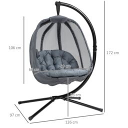 OUTSUNNY Hanging Egg Chair, Folding Texteline Swing Hammock with Side Pocket in Grey - thumbnail 3
