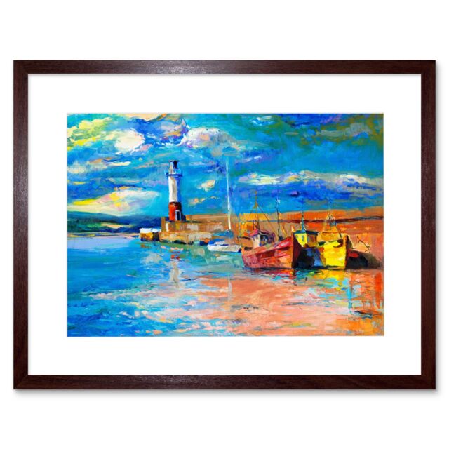 "Artery8 Wall Art Print Boats Tide Out Painting Art Framed 9x7 inch in Brown - Size: W7"" x H9""" - image 1