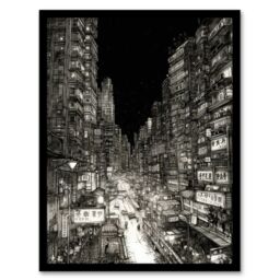 Artery8 Downtown Tokyo Sketch Cityscape Pen & Ink Drawing Japan Black White Artwork Framed Wall Art Print A4 - thumbnail 1