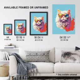 "Artery8 Wall Art Print Persian Cat with Retro Sunglasses Gift Pet Portrait Baby Blue Orange Purple Artwork Painting Poster - Size: W18"" x H24""" - thumbnail 3