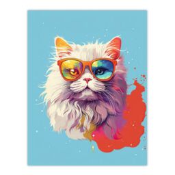 "Artery8 Wall Art Print Persian Cat with Retro Sunglasses Gift Pet Portrait Baby Blue Orange Purple Artwork Painting Poster - Size: W18"" x H24""" - thumbnail 1