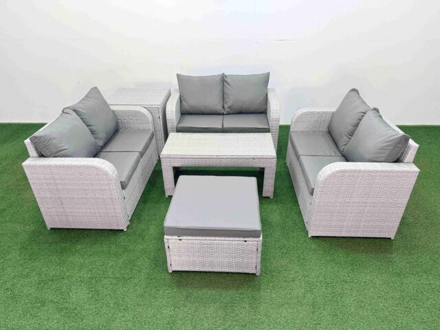 Fimous 7 Seater PE Wicker Rattan Furniture Sofa Sets with Oblong Coffee Table 2 Seater Love Sofa Big Footstool Side Table Light Grey - image 1
