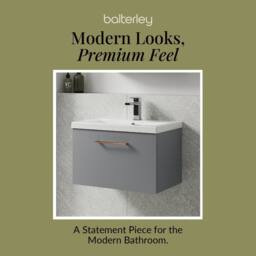Balterley 600mm Wall Hung 1 Drawer Vanity Basin Unit, Satin Grey, Copper Handle in Grey - thumbnail 7