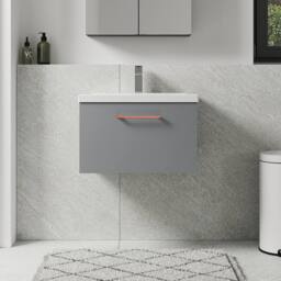 Balterley 600mm Wall Hung 1 Drawer Vanity Basin Unit, Satin Grey, Copper Handle in Grey - thumbnail 2