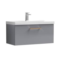 Balterley 600mm Wall Hung 1 Drawer Vanity Basin Unit, Satin Grey, Copper Handle in Grey - thumbnail 1