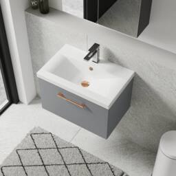 Balterley 600mm Wall Hung 1 Drawer Vanity Basin Unit, Satin Grey, Copper Handle in Grey - thumbnail 3