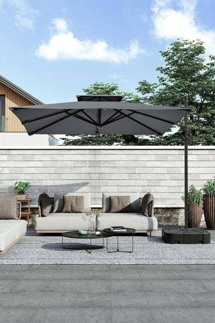 Garden Sanctuary Outdoor Large Square 3M LED Cantilever Parasol with Plastic Base in Dark Grey