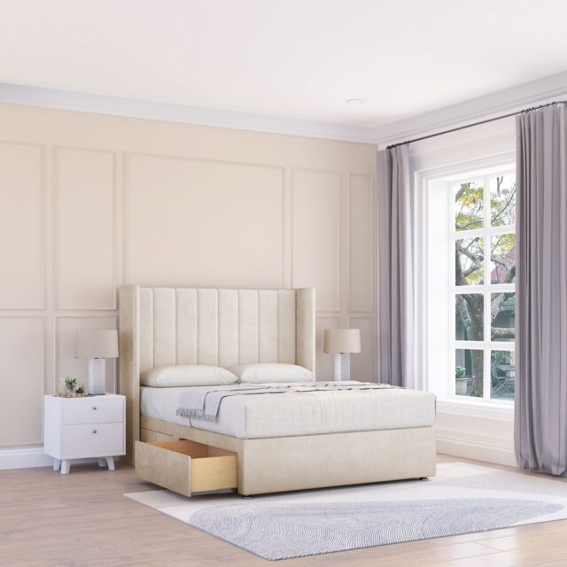"Sloomy Falcon Plush Wingback Bed Set, 2 Drawers & 54"" Floor Standing Headboard in Cream - Size: Super King" - image 1