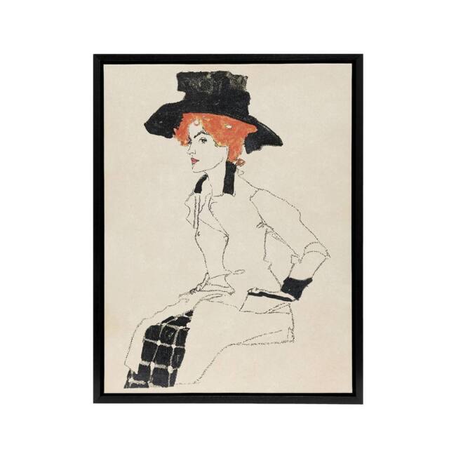 "Artery8 Portrait of a Woman with Black Hat Framed Canvas Wall Art Print Schiele in Beige - Size: W12"" x H16""" - image 1