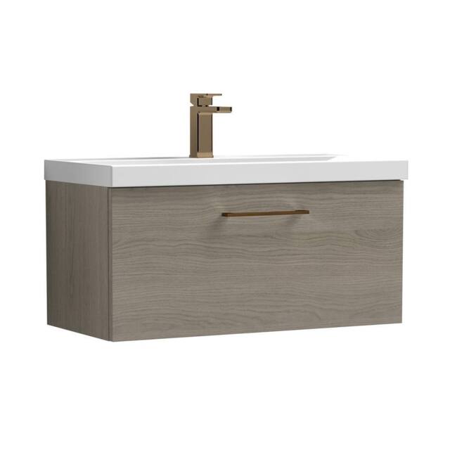 Balterley 800mm Wall Hung 1 Drawer Vanity Basin Unit, Mid Oak, Bronze Handle in Brown - image 1