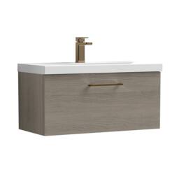 Balterley 800mm Wall Hung 1 Drawer Vanity Basin Unit, Mid Oak, Bronze Handle in Brown - thumbnail 1
