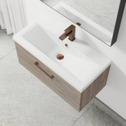 Balterley 800mm Wall Hung 1 Drawer Vanity Basin Unit, Mid Oak, Bronze Handle in Brown - thumbnail 3