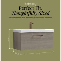 Balterley 800mm Wall Hung 1 Drawer Vanity Basin Unit, Mid Oak, Bronze Handle in Brown - thumbnail 5