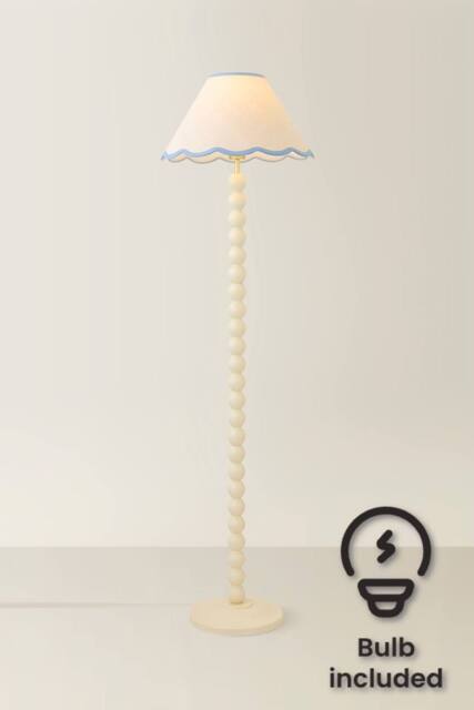 ValueLights Bobbin Colour Trim Linen Shade Cream Bobble Floor Lamp with Bulb in Baby Blue - image 1