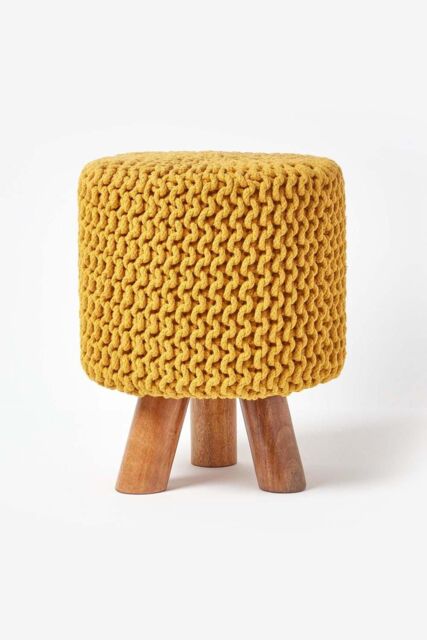 Homescapes Tall Cotton Knitted Footstool on Legs in Mustard - image 1
