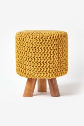 Homescapes Tall Cotton Knitted Footstool on Legs in Mustard