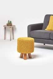 Homescapes Tall Cotton Knitted Footstool on Legs in Mustard - thumbnail 2
